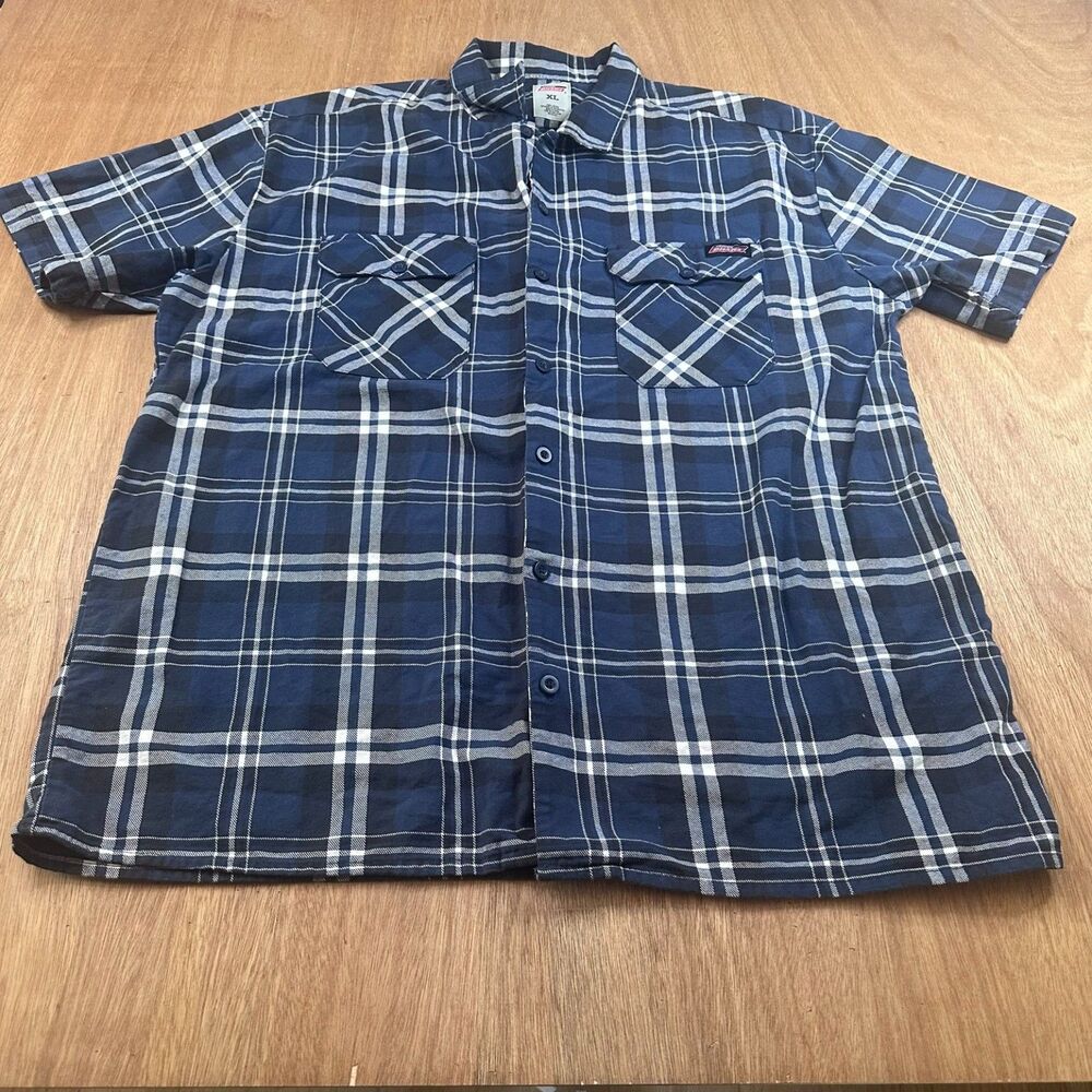 Dickies Plaid Button Up Work Shirt Mens XL Blue Short Sleeve Cotton Utility